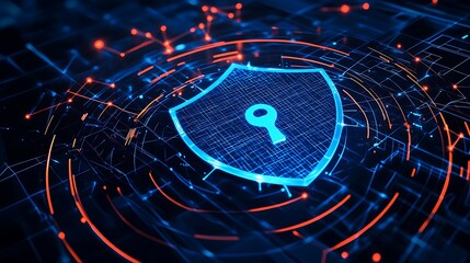 Futuristic Digital Shield Icon with Lock Symbol Representing Cybersecurity and Network Protection Technology
