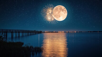 Fireworks explode behind a full moon over calm water and a pier at night.