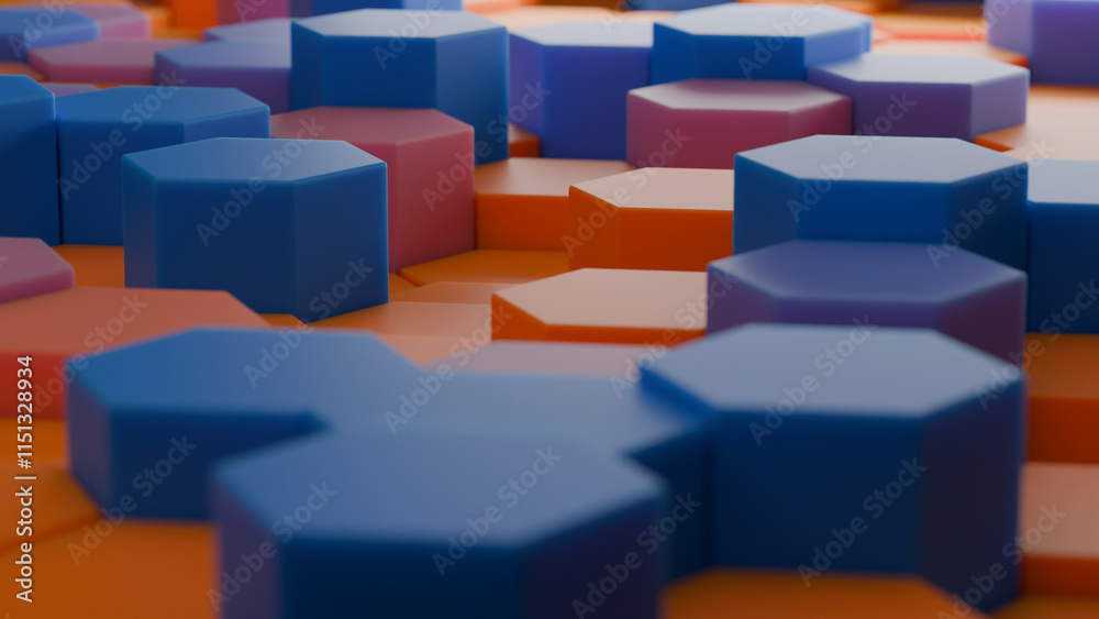 Poster 3d rendering of an abstract geometric background of a variety of multicolored hexagonal columns of d