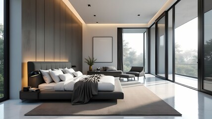 Luxurious bedroom in white and gray-black tones with a large bed