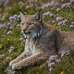 Obraz premium A lynx resting on a boulder in an alpine meadow filled with blooming flowers.