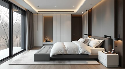 Luxurious bedroom in white and gray-black tones with a large bed