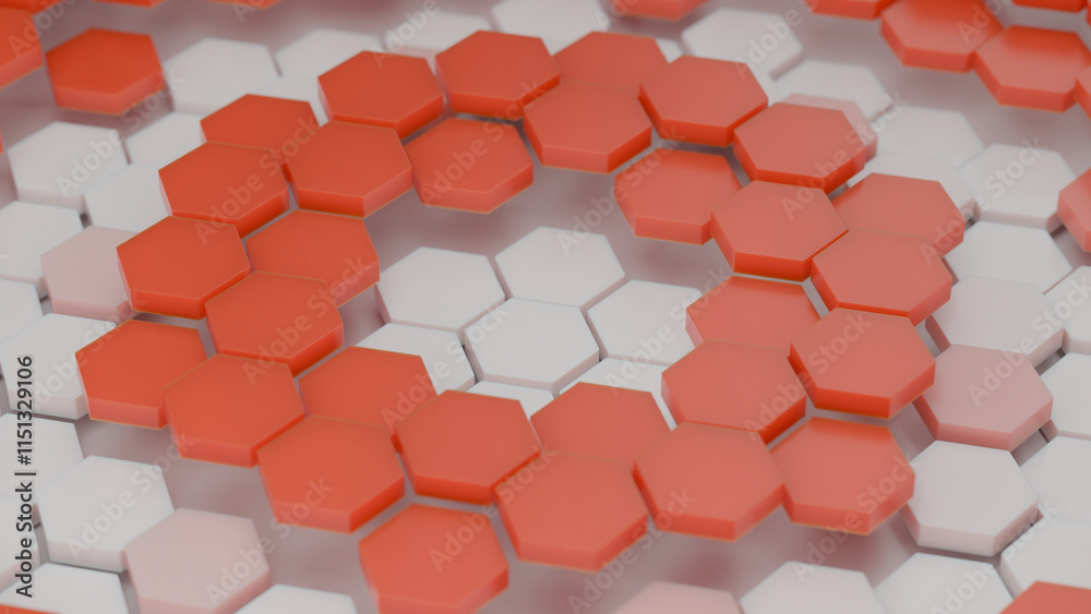 Poster 3d rendering of an abstract composition of many red and white hexagonal tiles arranged at different 