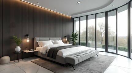 Luxurious bedroom in white and gray-black tones with a large bed