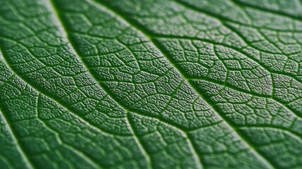 Green foliage concept. Close-up view of a vibrant green leaf showcasing its intricate texture and patterns.