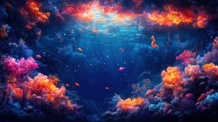 Obraz premium Vibrant coral reef, fish, seahorse, underwater scene.