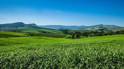 Fototapeta premium Lush Green Valley Vista: Rolling hills meet vibrant fields under a clear blue sky.