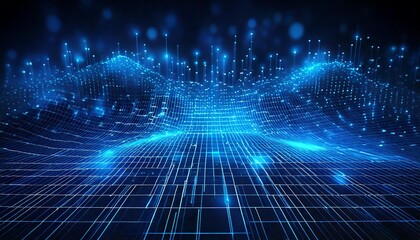 Futuristic Digital Background with Glowing Blue Neon Elements Forming a Grid-Like Pattern