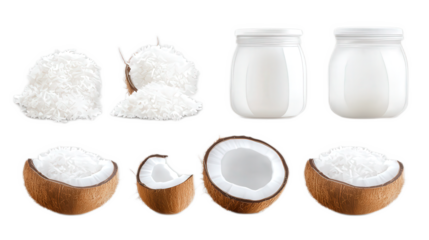 Fresh Coconut and Coconut Milk with Grated Coconut Background