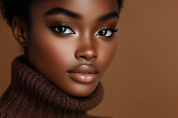 Fototapeta premium fashion and beauty concept, close up portrait of a stylish woman with flawless natural makeup wearing a Mocha Moose turtleneck sweater, isolated on a solid Mocha Moose studio background 