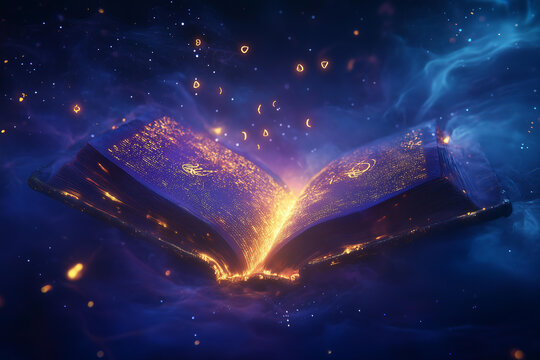 fantasy book concept, conceptual image of a floating open book with glowing golden magical runes hovering around it, cinematic dark mystical background with swirling blue and purple fog, glowing light