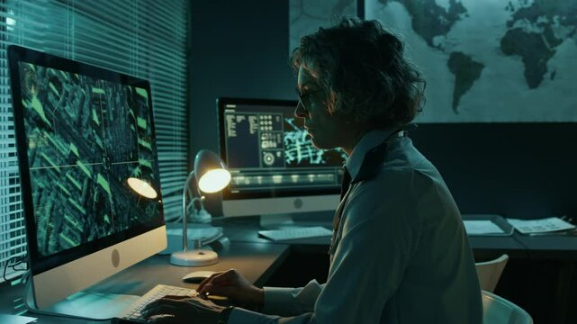 Medium side shot of female intelligence agent in military uniform with shoulder patches sitting at desk, monitoring urban area with satellite surveillance, typing on computer to zoom in on target