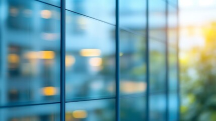 Blurred glass wall of a modern business office building in a business center, featuring abstract reflections of corporate architecture and contemporary office windows, ideal for backgrounds in busines