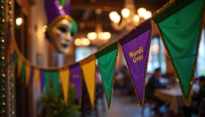 Mardi Gras flags in vibrant colors, festive indoor lighting, celebration decor