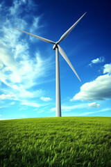Fototapeta premium green energy concept, scenic view of a large wind farm with multiple wind turbines spinning in an open green field under a bright blue sky with soft white clouds, cinematic natural daylight 