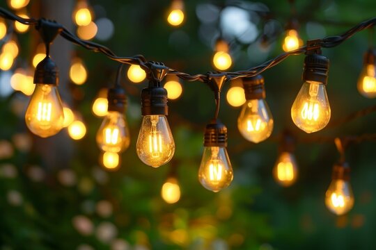 Glowing string lights creating a warm and inviting ambiance in an outdoor setting - Powered by Adobe