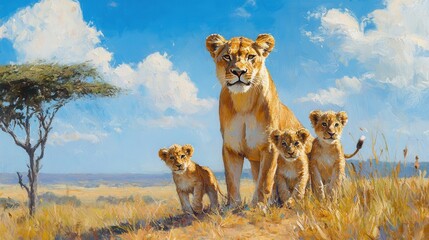 Lioness with playful cubs in a vibrant savanna, capturing a moment of joy and family bonding under a clear blue sky.