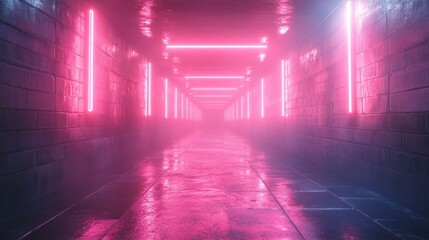 Pink neon lights illuminate wet brick tunnel.
