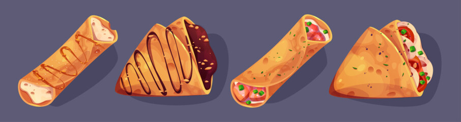 Crepe pancake set with diverse fillings - sweet chocolate drizzle and spread, cream or cheese, salmon pieces and mushrooms with tomato. French thin rolled and folded desserts with golden surface.