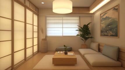 Serene minimalist Japanese-style living room with shoji screens, low seating, and natural light.