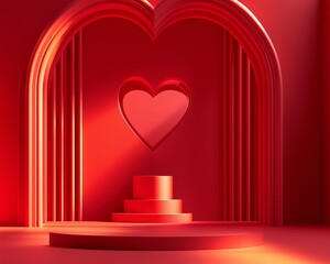 Valentine's Day Inspired Abstract 3D Red Room with Heart-Shaped Window and Pedestal for Minimalist Display