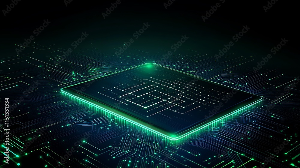 Poster futuristic microchip surrounded by digital circuitry with neon glows and abstract patterns in dark b