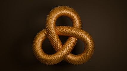 3D rendering of the body of a golden dragon twisted into a triple knot, tor. The idea of infinity and wealth. The symbol of the year 2025 is snakes according to the Eastern Chinese calendar.