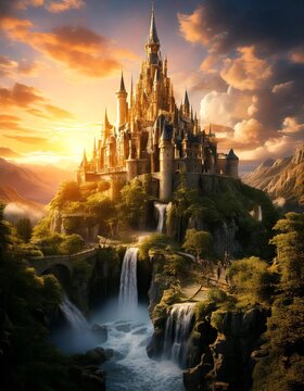 Majestic Fantasy Castle Surrounded by Clouds and Glowing Magical Energy