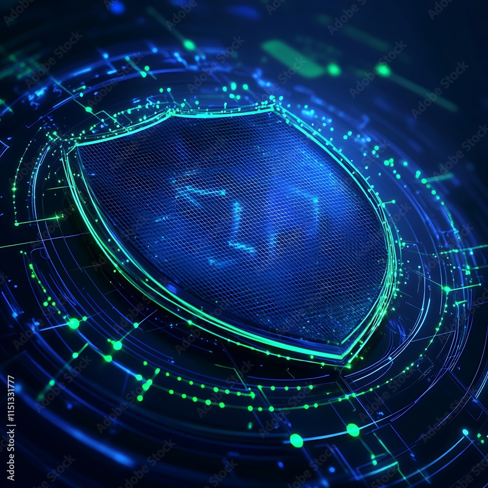 Poster futuristic shield design with digital elements and glowing circuit patterns for security concept