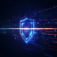 Obraz premium Futuristic Shield Concept Representing Digital Security with Blue Neon Colors and High-Tech Backgrounds