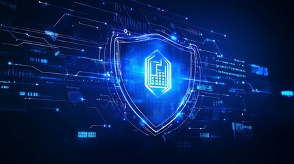 Futuristic Shield Protecting Digital Data with Blue Neon Lights and Cybersecurity Elements