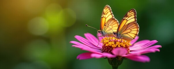 Two butterflies resting on a single colorful flower petal, showcasing delicate wings , Gentle, Butterflies, Bloom