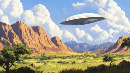 Fototapeta premium Spaceship Hovering Over A Sunny Desert Landscape