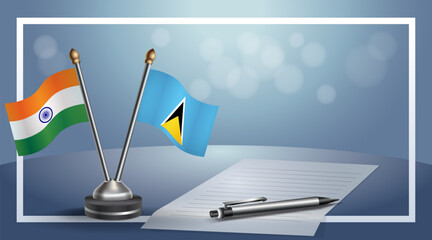 India and ST. Lucia National flags on small table with bokeh background, cooperative relationship