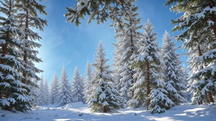 Fototapeta premium A blanket of fresh powder covers the snow-covered evergreen trees under a clear blue sky with delicate snowflakes falling , frosty landscape, evergreen trees, soft snowflakes