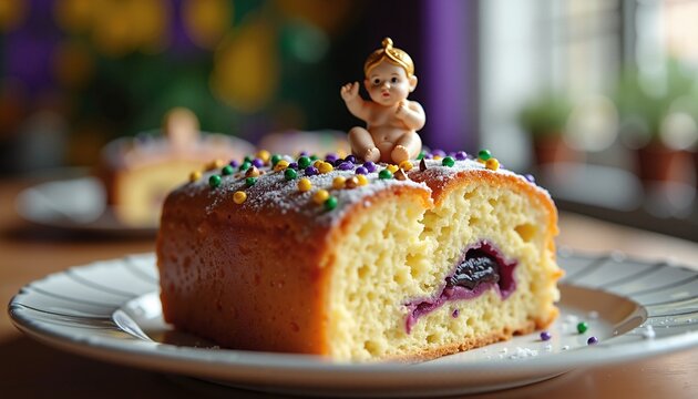 Festive king cake slice with baby figurine, celebratory dessert, Mardi Gras symbol