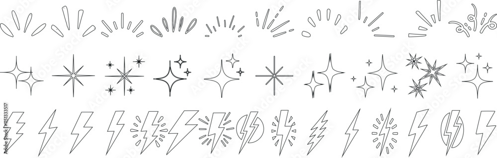 Wall mural lightning bolts, stars, sparkles, and bursts line art in hand drawn vector style. simple, abstract, 
