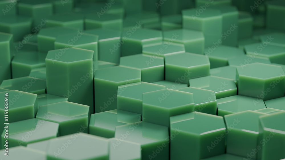Poster 3d rendering of jade green hexagonal columns of different heights. jade hexagons, honeycombs. abstra