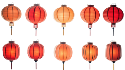 Collection set of Chinese red lanterns isolated on transparent background, png