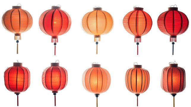 Collection set of Chinese red lanterns isolated on transparent background, png