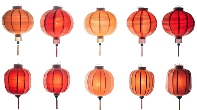 Collection set of Chinese red lanterns isolated on transparent background, png