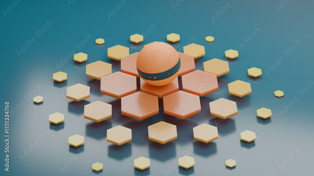 Poster 3d rendering of an abstract geometric composition: a yellow sphere with a blue stripe on hexagonal t