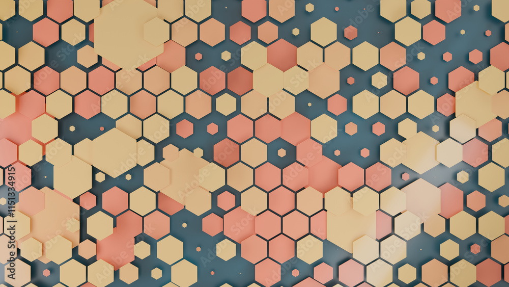 Poster 3d rendering of an abstract geometric background made of a variety of multicolored hexagonal element
