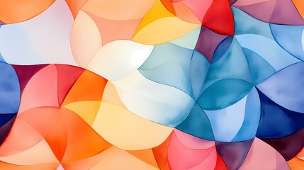 The image shows an abstract painting composed of overlapping, curved shapes in a variety of warm and cool colors, creating a stained-glass-like effect.