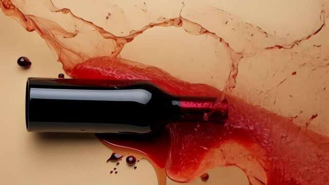 Bottle of red wine with a red cap and a red stain on the ground. The wine bottle is half empty and the wine has spilled out