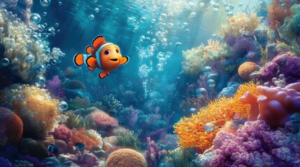 Naklejka premium A colorful underwater poster showcasing a tiny Nemo fish in a vivid coral garden surrounded by soft bubbles and sea life.