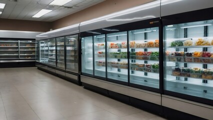 Fresh produce is displayed in refrigerated display cases in an empty supermarket aisle, offering a variety of healthy food choices
