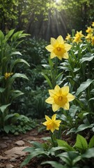 A single daffodil flower blooming against a backdrop of lush green foliage with a few scattered leaves, foliage, blossom, bloom © vilavanh