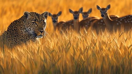 A leopard stalking deer in grass.