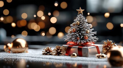 Obraz premium Festive Christmas Scene with Decorated Tree, Ornaments, and Gift Boxes in Warm Holiday Lighting